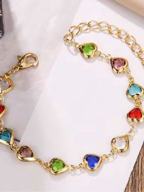 Stunning Polished 18k Gold Heart Multi-Color Austrian Crystal Women Bracelet
